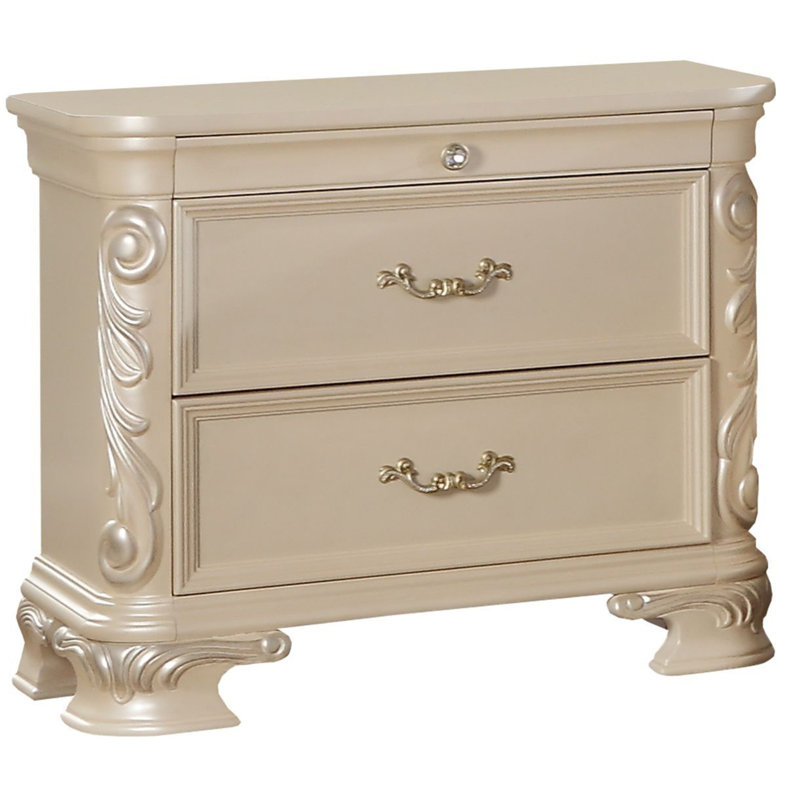 Rosdorf Park Madelon Pearl White Decorative Carved Nightstand | Wayfair